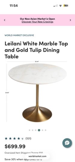 Leilani white marble table top and gold tulip dining table