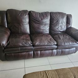 Brown Genuine Leather Reclining Sofa – Good Condition