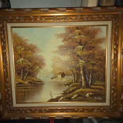 Vintage Oil Painting Art Woodland River Autumn Scene Signed by Artist & Framed