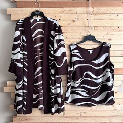 Dressbarn Brown White Swirl Cardigan Sweater sleeveless top Set Plus size 18W
