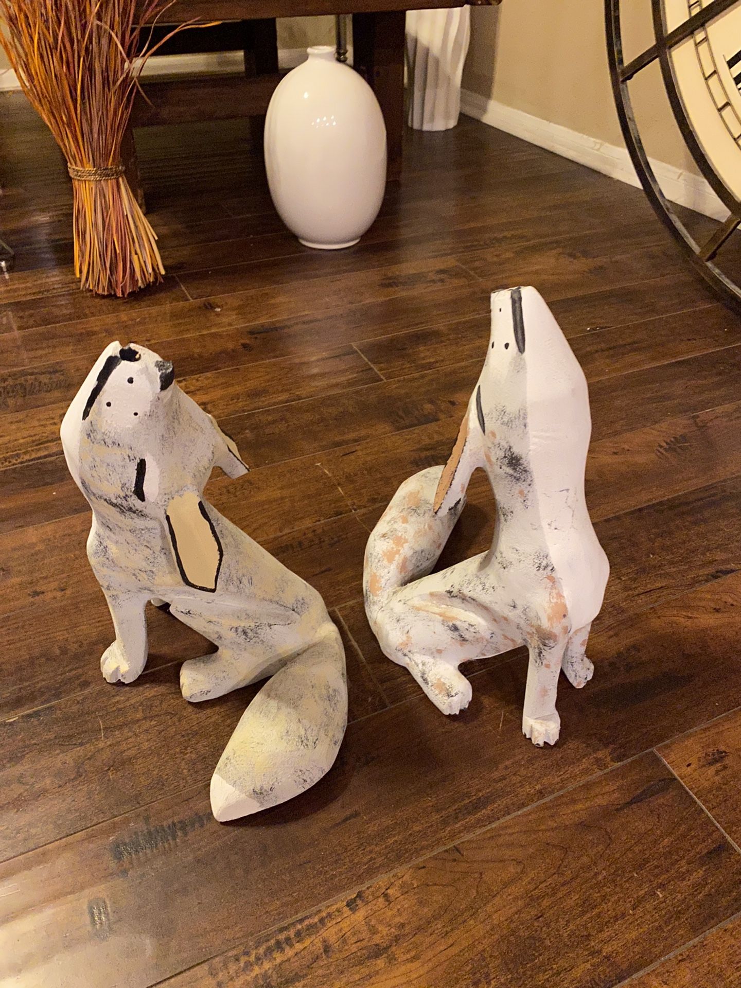 2 Folk Art Howling Coyote Painted Wood Carving by Joe Ortega Signed H 14” W 10” D 9” Decor Sculpture