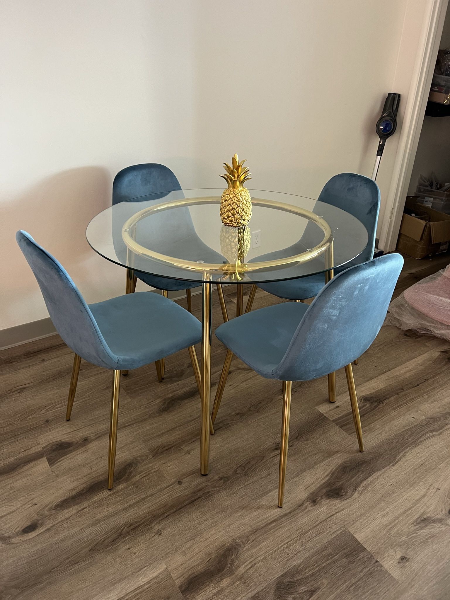 Blue Velvet Gold Round Dining Table Set For 4