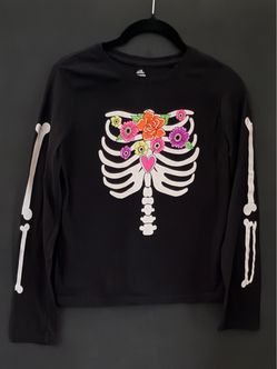 Halloween 🎃 Black Skeleton Floral Long Sleeve Halloween Shirt Child Size XXL (18)