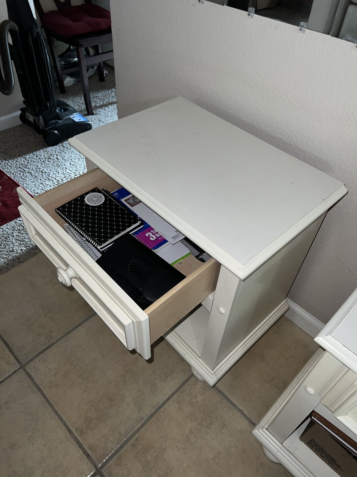 Matching white nightstands- solid wood with storage drawer and shelf