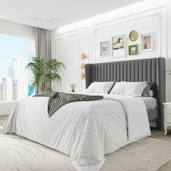 Full Size Upholstered Platform Bed Frame with Velvet Channel Wingback Headboard 