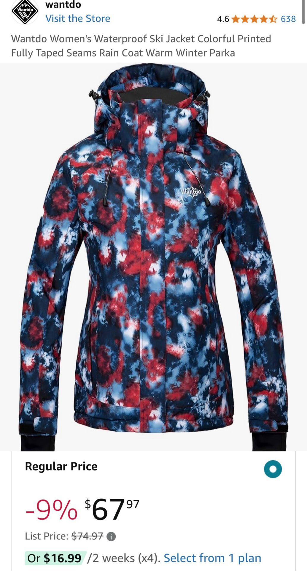 Wantdo Women's Waterproof Ski Jacket Colorful Printed Fully Taped Seams Rain Coat Warm Winter Parka