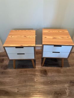 Pair of White/Ash Oak Finish Side End Table Nighstand with Two Drawer 20.5" H - Mid-Century Style