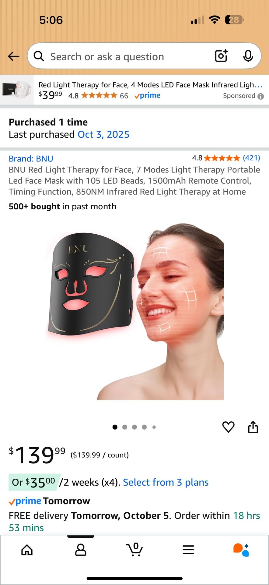 BNU Red Light Therapy for Face, 7 Modes Light Therapy Portable Led Face Mask with 105 LED Beads, 1500mAh Remote Control, Timing Function, 850NM Infrar