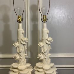 Pair Of Pieri Chinoiserie Table Lamps In The Style Of Serge Roche, Vintage 1960’s-1970’s Era, Sculptural Plaster Carved And Tiered