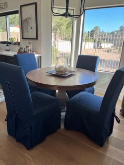 Set of 4 blue upholstered dining chairs