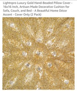 NIB, 2 Pack, Lightnpro Luxury Gold Hand-Beaded Pillow Cover (16x16 Inch).