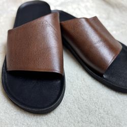 Men’s Brown Genuine Leather Slide Sandals Slip On Casual Comfort US Size 9 