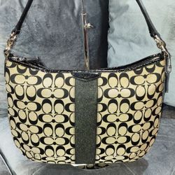 EUC COACH SIGNATURE MONOGRAM SATCHEL / SHOULDER BAG 15" x 12" BEIGE & BLACK CANVAS WITH BLACK NYLON & LEATHER TRIM