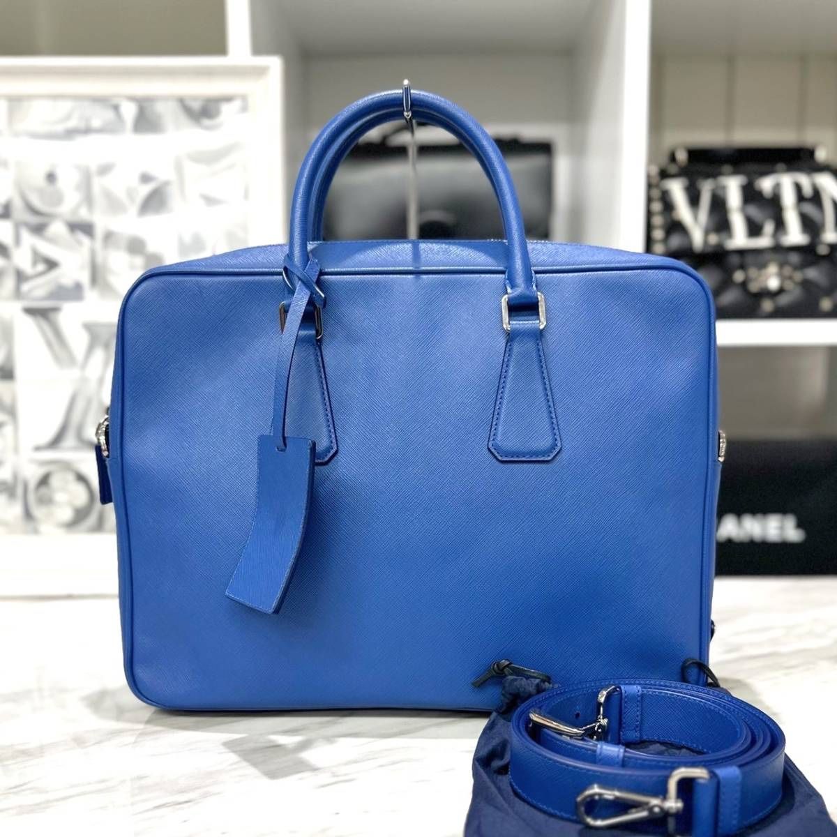 Prada 2way Saffiano blue business bag