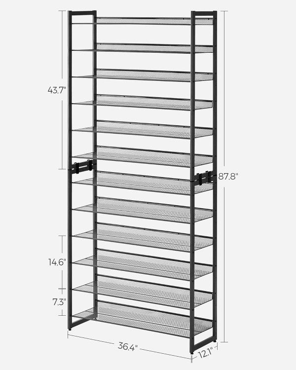 Shoe Rack, 12-Tier Shoe Organizer, Metal Shoe Storage for Garage, Entryway, Set of 2 6-Tier Stackable Shoe Shelf, with Adjustable Flat or Angled Shelv