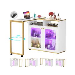 360° Rotating Bar Cabinet, 59" Home Bar with LED Light & Charging Station, Double-Sided Foldable Liquor Wine Cabinet with Storage for Bar, Liquor, Cof