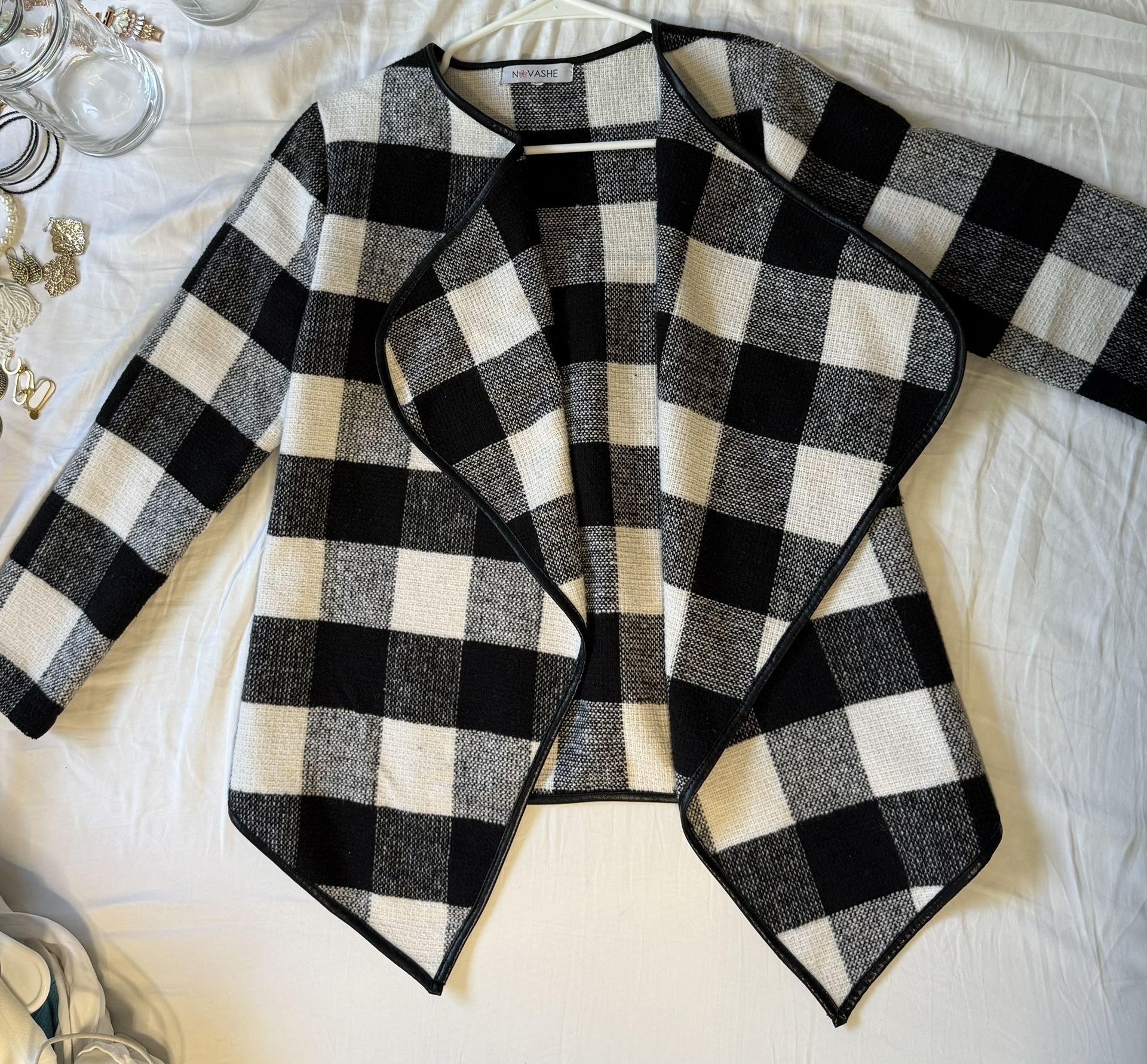 Novashe Black & White Buffalo Check Open Front Cardigan – Size Small