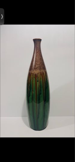 Vintage Tall Ceramic Drip Glaze Vase 18.25” Sculptural tall ceramic vase with glossy green body. Brown speckled neck with brown drip glaze accents. El