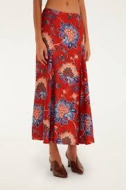 New Red Floral Midi Skirt Sz m silky