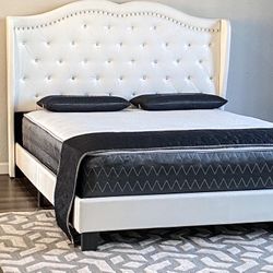 White King Size Diamond Tuffed Leather Platform Bed Frame With New Mattress/Fast Delivery 