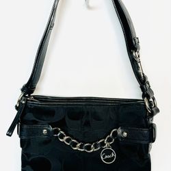 Coach Black Signature Optic Silver Chain Shoulder Bag Purse Crossbody Sateen EUC