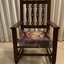 Antique Rocking Chair With Hand Made Floral Needlepoint Seat