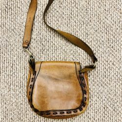 Vintage Brown Tooled Cowboy Leather Crossbody Saddle Bag