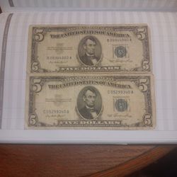 2 / 5 Dollar Bill's  Blue 1953 Series 