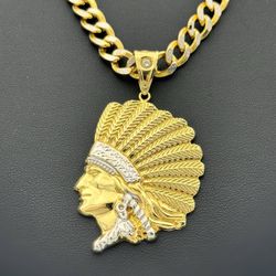 10k solid two tone gold Indian chief Apache head pendant & 22.5” curb chain 8mm Necklace