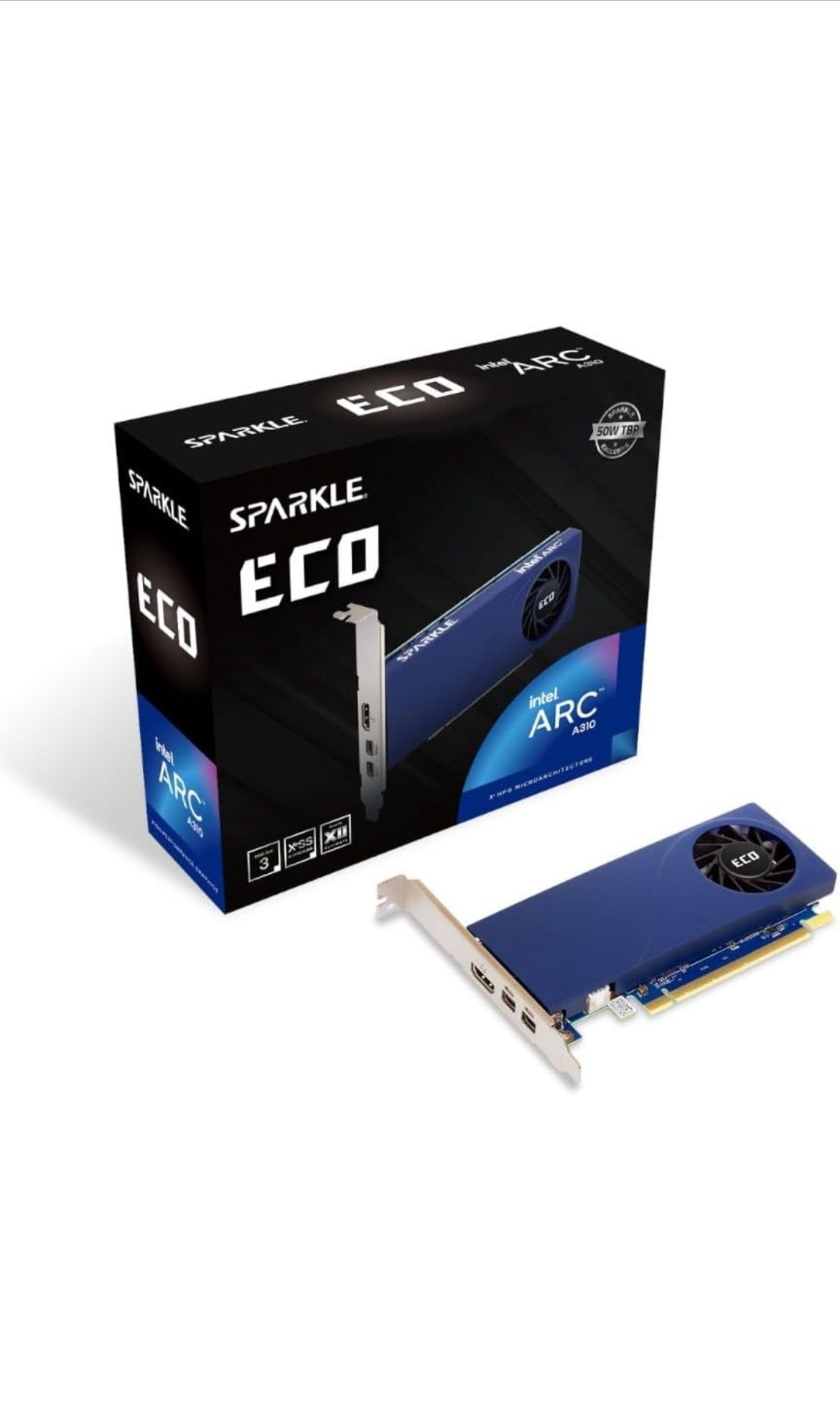 Sparkle Intel Arc A310 ECO, 4GB GDDR6, 50W TBP, Short Bracket is Included, Low-Profile, Single Fan, Single Slot, HDMI x1, Mini DisplayPort x2, SA310C-