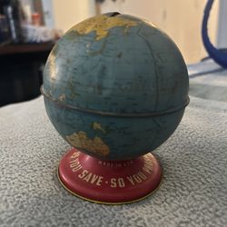 vintage tin lithograph world globe coin bank