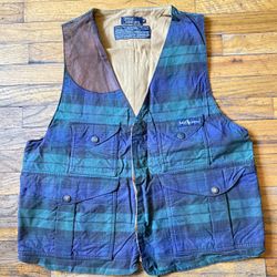 Vintage Polo Ralph Lauren hunting vest blue and green plaid pattern leather shoulder Size XL