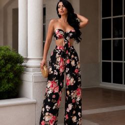 Black Floral Two-Piece Crop Top and Wide-Leg Pants Set