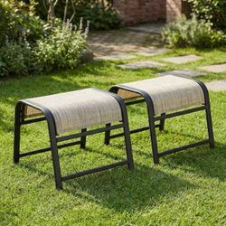 Pack-2) Textilene Fabric Metal Frame Brown Outdoor Ottoman with Navy Cushion for Patio brand new in box $45 C138