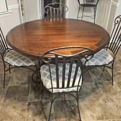 High End Heavy Wood & Wrought Iron Round Dining Table & 4 Matching Iron/Upholstered Chairs