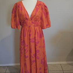 Orange and Pink Geometric V  Neck  Dress