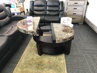 Faux Marble Top Coffee Table with Pop up Service Tray and Drawer