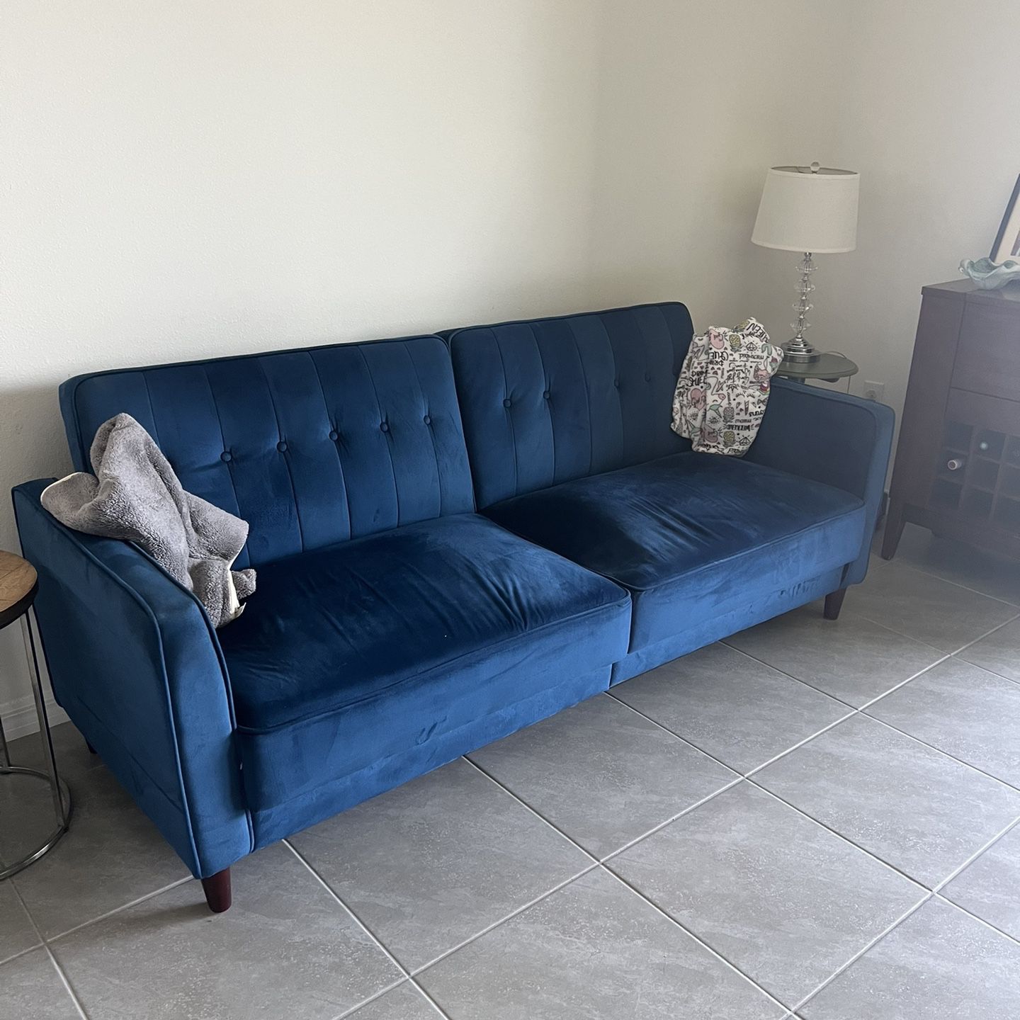 Two Seater Sofa - Blue Velour - Lay Flat 