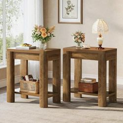 Set of 2 Farmhouse End Table With 2-Tier Storage Shelf For Living Room, Bedroom