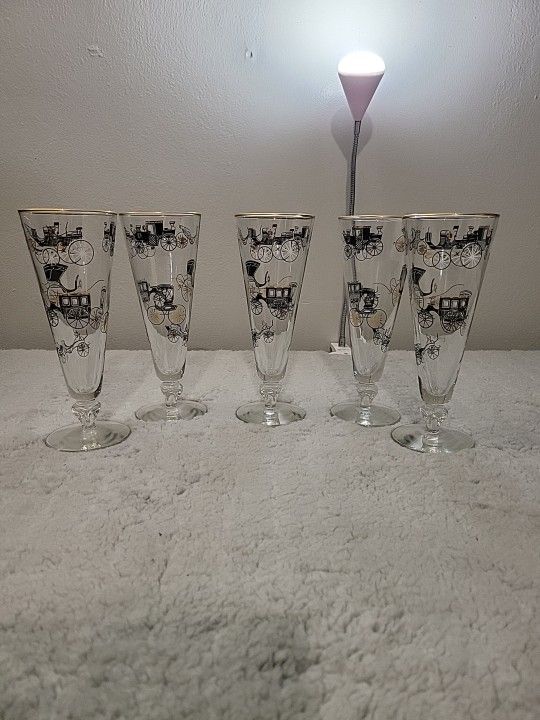 Libbey Fluted Champagne Glasses Footed Horse Carriage MCM (5 Avail) (V)
