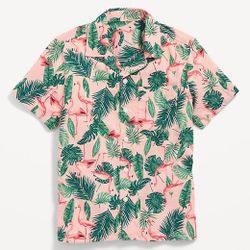 Short Sleeve Flamingo Monstera Plant Print Boys Size XL Extra Large 14-16 Button Down Shirt Top