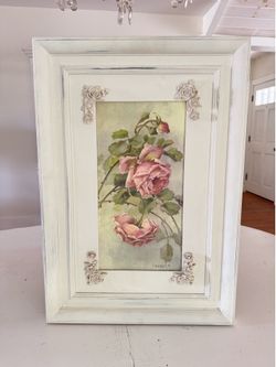 Vintage Christie REPASY pink ROSES Print in SHABBY wide wood frame w/appliqués- Shabby Chic