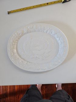 White Ceramic Turkey Embossed Oval Serving Platter