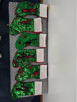 Set of 6 Reversible Green & Red Sequin Christmas Stockings – 18” Holiday Mantel Décor
