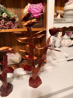 Vintage Hand-Carved Wooden Bird Tree Sculpture