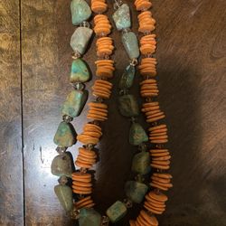 Vintage Navajo Coral Turquoise & Oyster Beads Necklace  