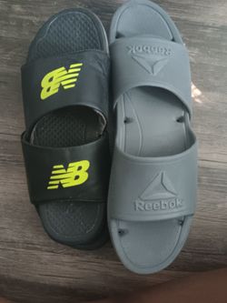 (Used) New Balance 200 Adjustable Slides – Black/Neon – Men Size 11 and Reebok Gray Slides Size 11