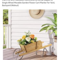 Wooden Wagon Planter, 27.5"x10.5"x11.5" Wheelbarrow Cart Plant Pot with Halloween Decoration & Mental Supports, Single Wheel Movable Garden Flower Car