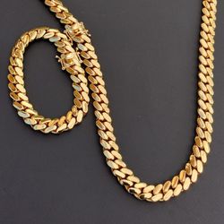 14k Gold-plated Miami Cuban Link 12mm Chain And Bracelet 