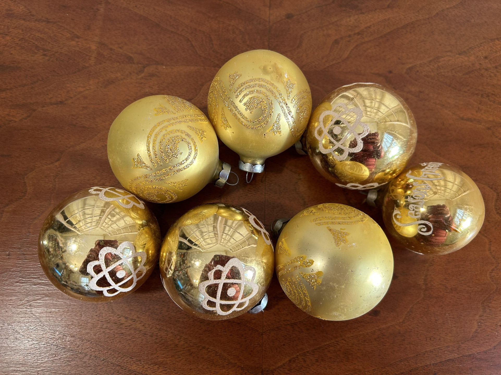 Vintage Set of 6 Yellow Shiny Brite Christmas Ornaments- mica, scene